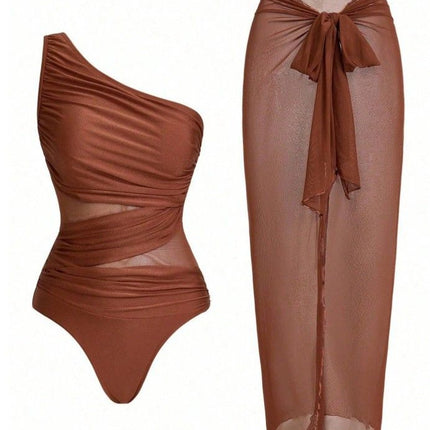 Camel Stylish One-Shoulder One-Piece Swimsuit + Sheer Mesh Sarong Wrap Skirt Set (S Size) - Women's Elegant Ruched Crossover Tummy Control Beachwear with Wireless Chest Padding for Beach Holiday Party