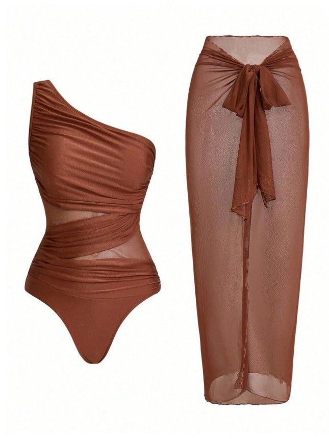 Camel Stylish One-Shoulder One-Piece Swimsuit + Sheer Mesh Sarong Wrap Skirt Set (XL Size) - Women's Elegant Ruched Crossover Tummy Control Beachwear with Wireless Chest Padding for Beach Holiday Party
