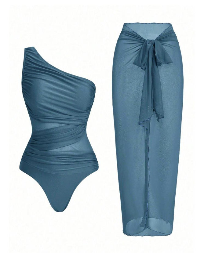 Blue Stylish One-Shoulder One-Piece Swimsuit + Sheer Mesh Sarong Wrap Skirt Set (M Size) - Women's Elegant Ruched Crossover Tummy Control Beachwear with Wireless Chest Padding for Beach Holiday Party