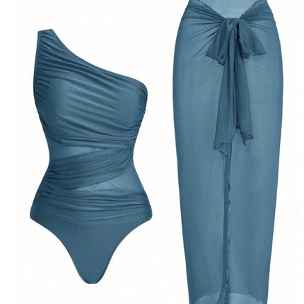 Blue Stylish One-Shoulder One-Piece Swimsuit + Sheer Mesh Sarong Wrap Skirt Set (L Size) - Women's Elegant Ruched Crossover Tummy Control Beachwear with Wireless Chest Padding for Beach Holiday Party