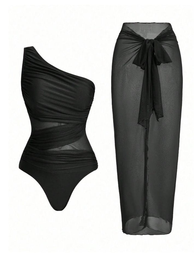 Black Stylish One-Shoulder One-Piece Swimsuit + Sheer Mesh Sarong Wrap Skirt Set (S Size) - Women's Elegant Ruched Crossover Tummy Control Beachwear with Wireless Chest Padding for Beach Holiday Party