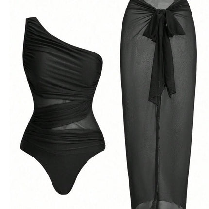 Black Stylish One-Shoulder One-Piece Swimsuit + Sheer Mesh Sarong Wrap Skirt Set (M Size) - Women's Elegant Ruched Crossover Tummy Control Beachwear with Wireless Chest Padding for Beach Holiday Party