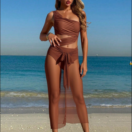 Black Stylish One-Shoulder One-Piece Swimsuit + Sheer Mesh Sarong Wrap Skirt Set (XL Size) - Women's Elegant Ruched Crossover Tummy Control Beachwear with Wireless Chest Padding for Beach Holiday Party