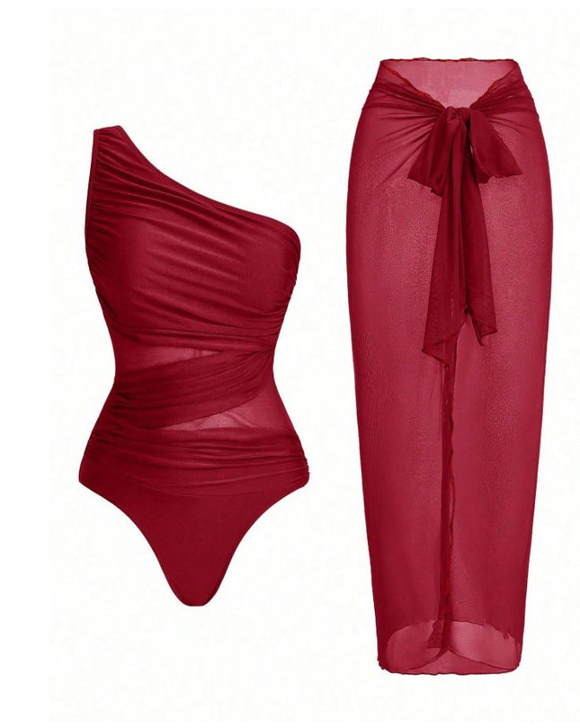 Red Stylish One-Shoulder One-Piece Swimsuit + Sheer Mesh Sarong Wrap Skirt Set (L Size) - Women's Elegant Ruched Crossover Tummy Control Beachwear with Wireless Chest Padding for Beach Holiday Party