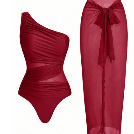 Red Stylish One-Shoulder One-Piece Swimsuit + Sheer Mesh Sarong Wrap Skirt Set (XL Size) - Women's Elegant Ruched Crossover Tummy Control Beachwear with Wireless Chest Padding for Beach Holiday Party