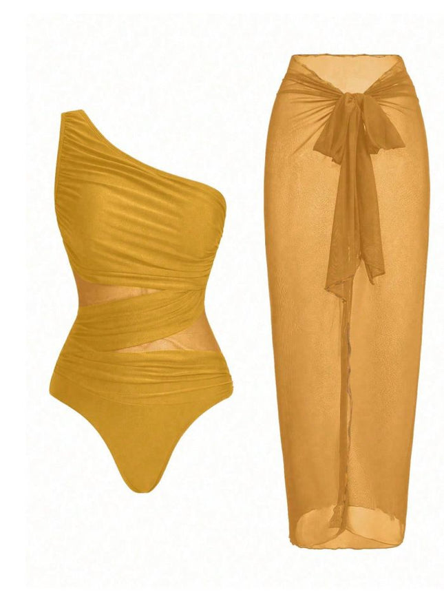 Yellow Stylish One-Shoulder One-Piece Swimsuit + Sheer Mesh Sarong Wrap Skirt Set (L Size) - Women's Elegant Ruched Crossover Tummy Control Beachwear with Wireless Chest Padding for Beach Holiday Party