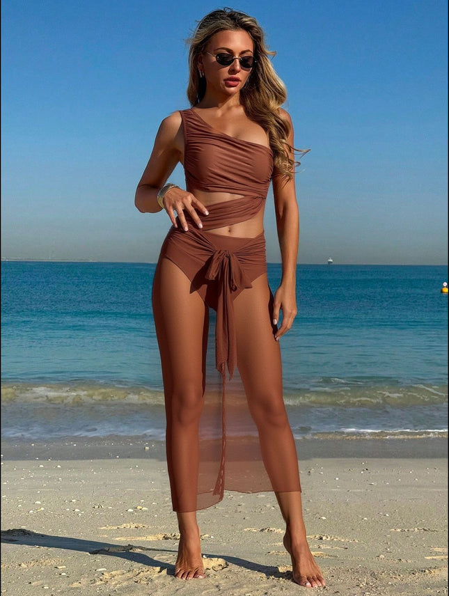 Yellow Stylish One-Shoulder One-Piece Swimsuit + Sheer Mesh Sarong Wrap Skirt Set (L Size) - Women's Elegant Ruched Crossover Tummy Control Beachwear with Wireless Chest Padding for Beach Holiday Party