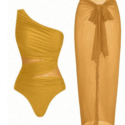 Yellow Stylish One-Shoulder One-Piece Swimsuit + Sheer Mesh Sarong Wrap Skirt Set (XL Size) - Women's Elegant Ruched Crossover Tummy Control Beachwear with Wireless Chest Padding for Beach Holiday Party