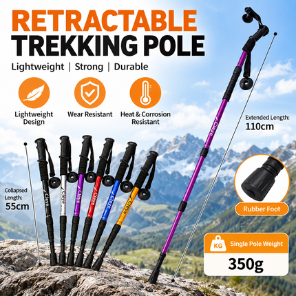 2 Pack Blue Outdoor Aluminum Alloy Telescopic Trekking Pole (55 to 110CM) - Lightweight 4-Section Straight Handle Walking Stick with Alloy Tip Cover & Mud Basket
