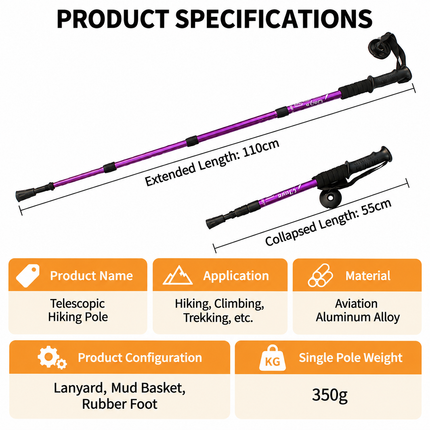 2 Pack Blue Outdoor Aluminum Alloy Telescopic Trekking Pole (55 to 110CM) - Lightweight 4-Section Straight Handle Walking Stick with Alloy Tip Cover & Mud Basket