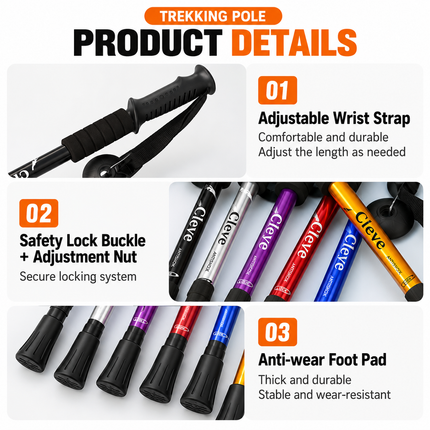 2 Pack Purple Outdoor Aluminum Alloy Telescopic Trekking Pole (55 to 110CM) - Lightweight 4-Section Straight Handle Walking Stick with Alloy Tip Cover & Mud Basket