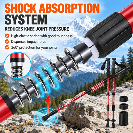 2 Pack Red Lightweight Outdoor Telescopic Aluminum Alloy Trekking Pole (50 to 110cm) - Unisex Anti-Slip Outdoor Walking Stick with Spring Shock Absorption & Ergonomic T-Handle, Free Mud Mop and Tip Cover