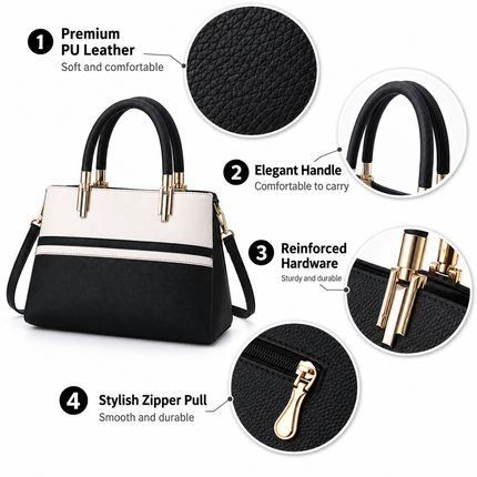 Large Capacity Color Block PU Leather Handbag, Square Shoulder Crossbody Bag with Bottom Rivets & Multi‑Pocket Storage for Daily Casual Use, Black and White 29 x 21 x 14CM