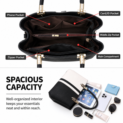 Large Capacity Color Block PU Leather Handbag, Square Shoulder Crossbody Bag with Bottom Rivets & Multi‑Pocket Storage for Daily Casual Use, Black and White 29 x 21 x 14CM