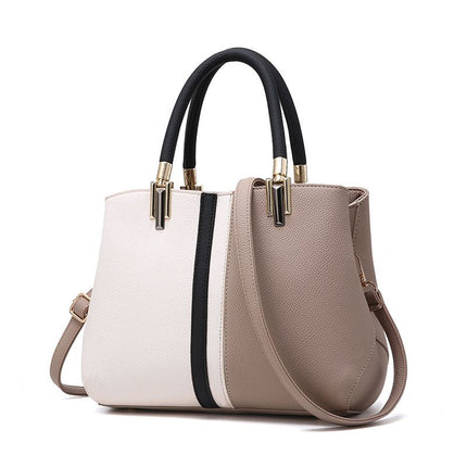Large Capacity Color Block PU Leather Handbag, Square Shoulder Crossbody Bag with Bottom Rivets & Multi‑Pocket Storage for Daily Casual Use, khaki and White 29 x 21 x 14CM