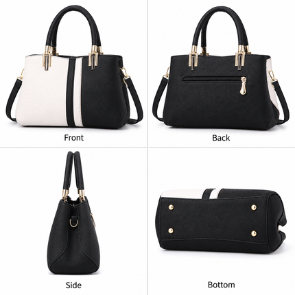 Large Capacity Color Block PU Leather Handbag, Square Shoulder Crossbody Bag with Bottom Rivets & Multi‑Pocket Storage for Daily Casual Use, khaki and White 29 x 21 x 14CM