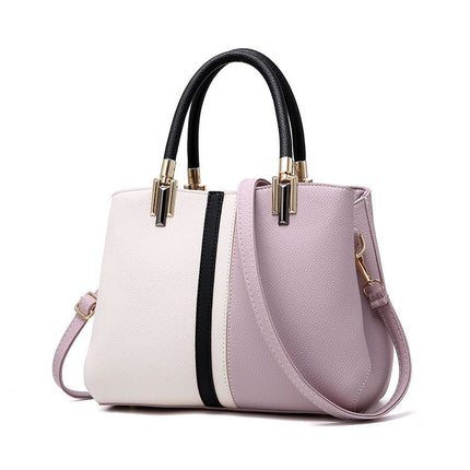 Large Capacity Color Block PU Leather Handbag, Square Shoulder Crossbody Bag with Bottom Rivets & Multi‑Pocket Storage for Daily Casual Use, Purple and White 29 x 21 x 14CM