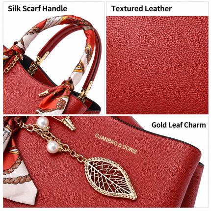 Red Large Capacity Lychee PU Leather Tote Handbag - Elegant Women's Satchel Crossbody Bag with Red Silk Scarf & Mental Leaf Pendant Decor