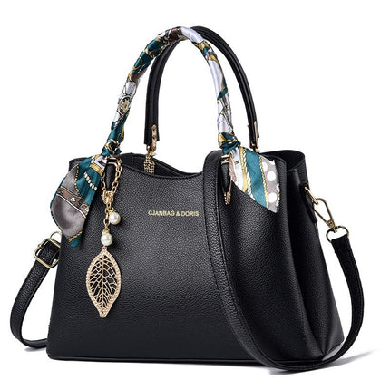 Black Large Capacity Lychee PU Leather Tote Handbag - Elegant Women's Satchel Crossbody Bag with Green Silk Scarf & Mental Leaf Pendant Decor