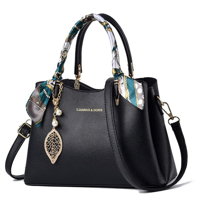 Black Large Capacity Lychee PU Leather Tote Handbag - Elegant Women's Satchel Crossbody Bag with Green Silk Scarf & Mental Leaf Pendant Decor