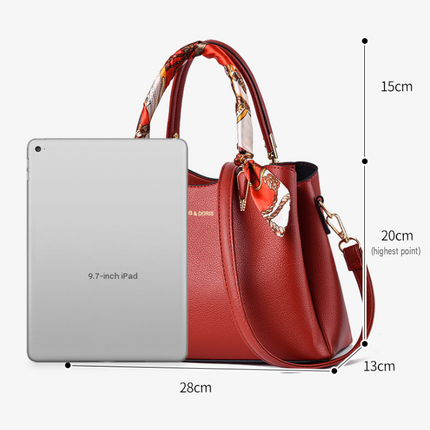 Black Large Capacity Lychee PU Leather Tote Handbag - Elegant Women's Satchel Crossbody Bag with Green Silk Scarf & Mental Leaf Pendant Decor