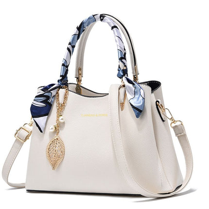 White Large Capacity Lychee PU Leather Tote Handbag - Elegant Women's Satchel Crossbody Bag with Blue Silk Scarf & Mental Leaf Pendant Decor