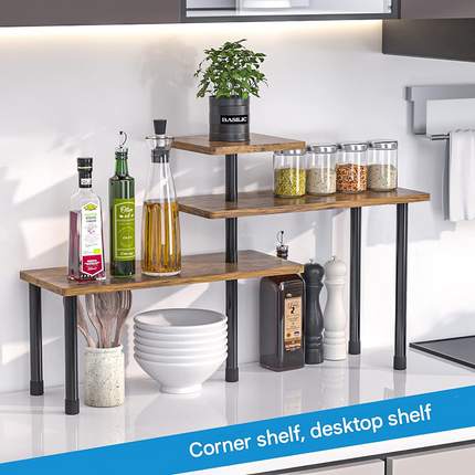 3 Tier Large Rotating Countertop Corner Storage Rack - Multifunctional Durable Mental Organizer Shelves Fit L Shape & Straight Line Desktop Layout