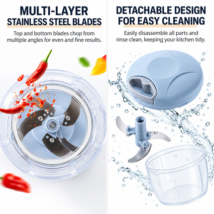 Blue Manual Pull String Food Chopper - 900ml Extra Large Vegetable Cutter, Garlic Mincer & Baby Food Processor