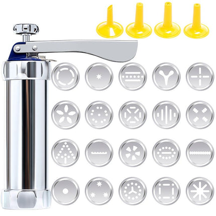 25PCS Mutifunctional Aluminum Alloy Cookie Press Set - DIY Biscuit Maker & Cake Icing Gun with 2-Gear Thickness and 20 Pattern Discs