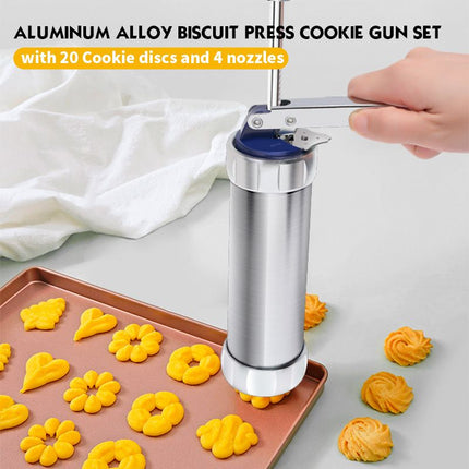 25PCS Mutifunctional Aluminum Alloy Cookie Press Set - DIY Biscuit Maker & Cake Icing Gun with 2-Gear Thickness and 20 Pattern Discs