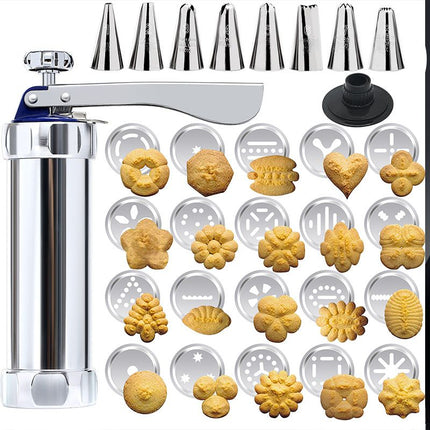 30PCS Mutifunctional Aluminum Alloy Cookie Press Set - Adjustable Thickness Biscuit DIY Maker & Cake Icing Gun with 20 Pattern Discs and 8 Stainless Steel Icing Nozzles