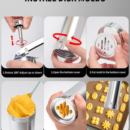 30PCS Mutifunctional Aluminum Alloy Cookie Press Set - Adjustable Thickness Biscuit DIY Maker & Cake Icing Gun with 20 Pattern Discs and 8 Stainless Steel Icing Nozzles