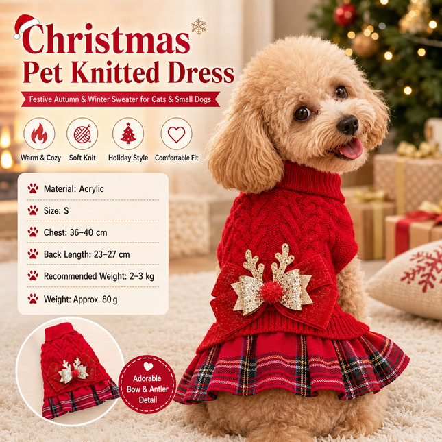 Red S Size Reindeer antler design bow-knot Christmas Pet Knitted – product detail