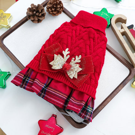 Red  S Size Reindeer antler design bow-knot Christmas Pet Knitted Dress - Acrylic Dog and Cat Jumper, Lightweight Festive Winter Outfit for Pets, Holiday Photos and Celebrations