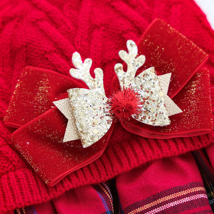 Red  M Size Reindeer antler design bow-knot Christmas Pet Knitted Dress - Acrylic Dog and Cat Jumper, Lightweight Festive Winter Outfit for Pets, Holiday Photos and Celebrations