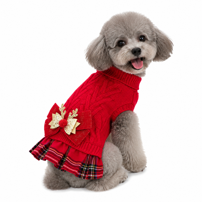 Red L Size Reindeer antler design bow-knot Christmas Pet Knitted V888-ELOSUNG56005