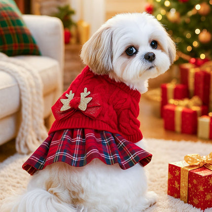 Red  L Size Reindeer antler design bow-knot Christmas Pet Knitted Dress - Acrylic Dog and Cat Jumper, Lightweight Festive Winter Outfit for Pets, Holiday Photos and Celebrations