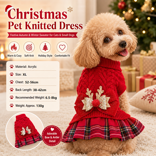 Red XL Size Reindeer antler design bow-knot Christmas Pet Knitted – product detail