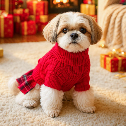 Red  XL Size Reindeer antler design bow-knot Christmas Pet Knitted Dress - Acrylic Dog and Cat Jumper, Lightweight Festive Winter Outfit for Pets, Holiday Photos and Celebrations