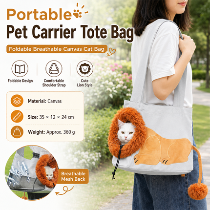 Lion Style Canvas Pet Carrier Grey Bag（small size 35*12*24cm） - Adjustable Head Opening, Breathable Mesh, 8cm Wide Shoulder Strap, PE Support Base, Portable Crossbody Sling for Cats and Small Dogs, Travel Friendly Design