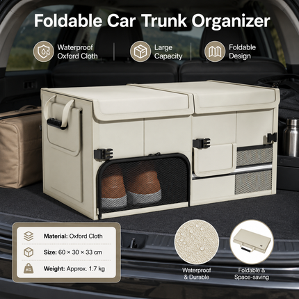 White Car Boot Organiser - Foldable Waterproof Large Capacity Trunk Storage Box, Space Saving Vehicle Cargo Storage for Groceries, Tools and Travel Essentials