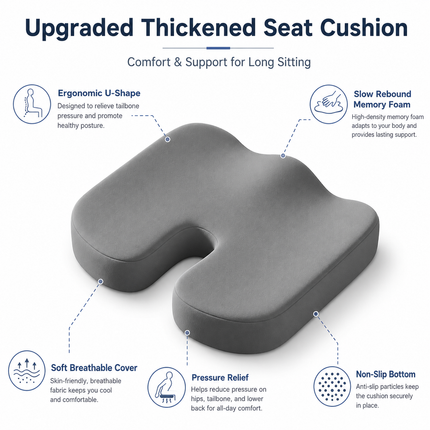 Grey Memory Foam Seat Cushion - 45 x 36 x 7 cm Milk Silk Removable Cover, Portable Chair Pad for Office, Car, Flights and Stadium Seating