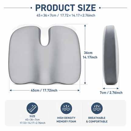 Grey Memory Foam Seat Cushion - 45 x 36 x 7 cm Milk Silk Removable Cover, Portable Chair Pad for Office, Car, Flights and Stadium Seating