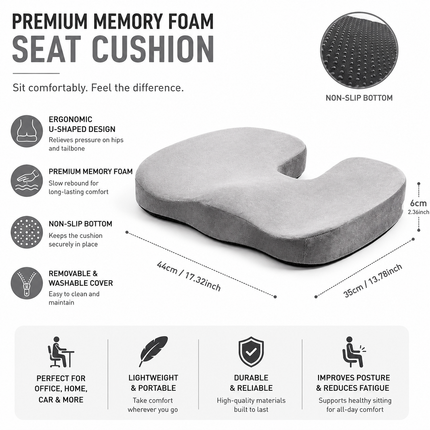 Grey Memory Foam Seat Cushion - 44 X 35 X 6 Cm Polyester Chair Pad