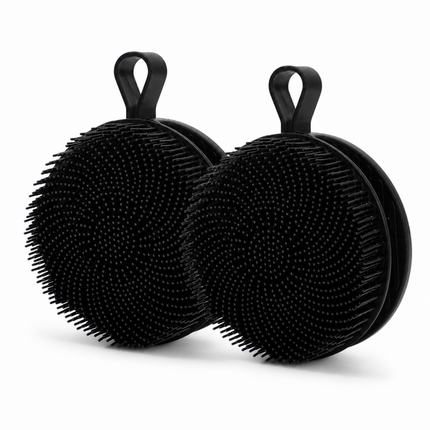 2 Pcs Black Double-Sided Silicone Body Scrubber - Dual-Texture Bath Brush for Exfoliating, Lathering & Scalp Massage, Anti-slip strip & Hanging Loop