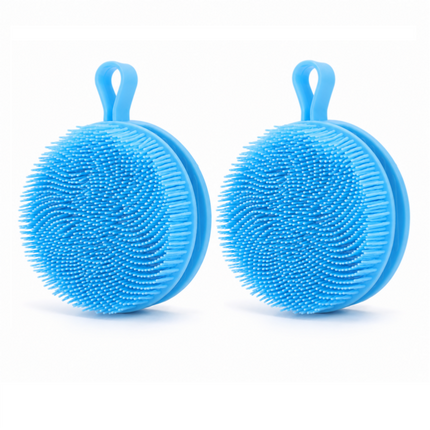 2 Pcs Blue Double-Sided Silicone Body Scrubber - Dual-Texture Bath Brush for Exfoliating, Lathering & Scalp Massage, Anti-slip strip & Hanging Loop