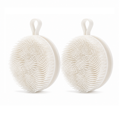 2 Pcs White Double-Sided Silicone Body Scrubber - Dual-Texture Bath Brush for Exfoliating, Lathering & Scalp Massage, Anti-slip strip & Hanging Loop