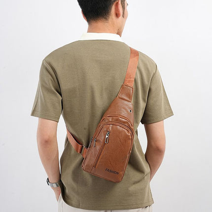 Brown Men's PU Leather Chest Bag - Water Resistant Crossbody Sling Bag - Multi Pocket Storage, Adjustable Strap, Lightweight Travel & Daily Commute