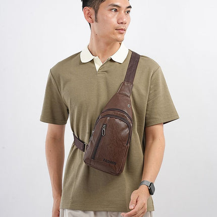 Light brown Men's PU Leather Chest Bag - Water Resistant Crossbody Sling Bag - Multi Pocket Storage, Adjustable Strap, Lightweight Travel & Daily Commute