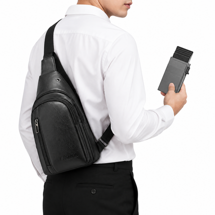 Office Commuter Business Set-Black Men's PU Leather Chest Bag and Grey RFID Blocking Aluminum Wallet - Waterproof Crossbody Sling Bag with Multi Pocket Storage, Slim Pop Up Card Holder, Lightweight Travel & Daily Commute Essentials
